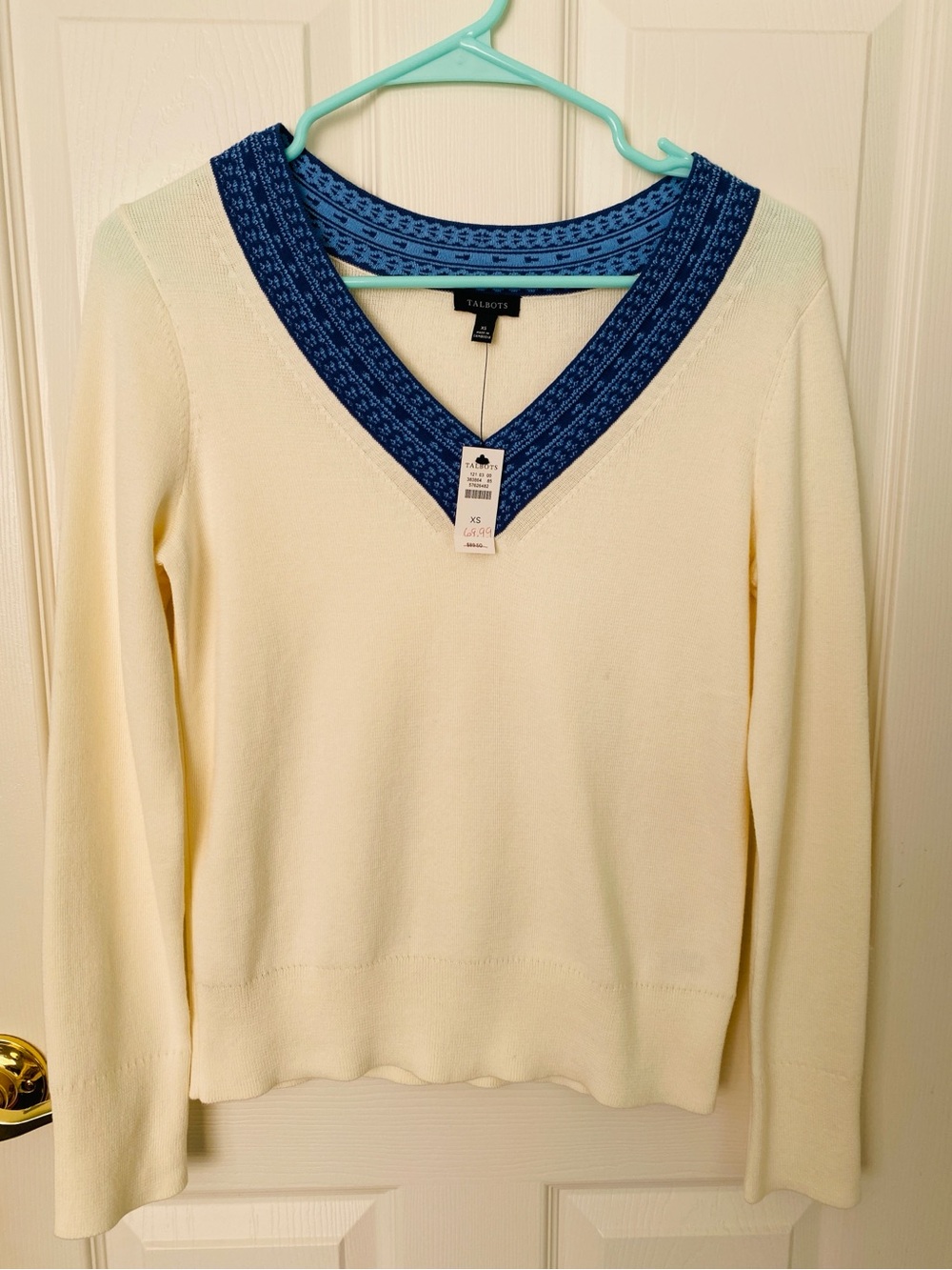 New Talbots Cream V-Neck Sweater with Blue Trim